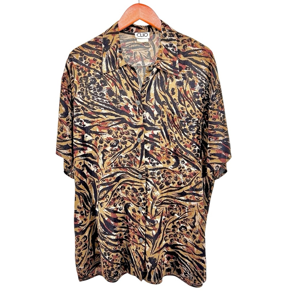 Vtg Clio Womens Mixed Animal Print Button Down Shirt Sz L Short Sleeve Relax Fit
